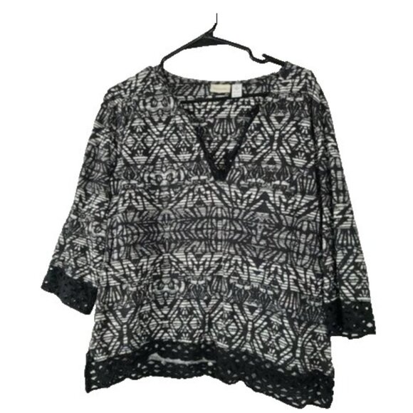 Chico's Tops - Chicos Womens BOHO Top Medium Black White Floral Crochet Trim 3/4 Sleeve Casual